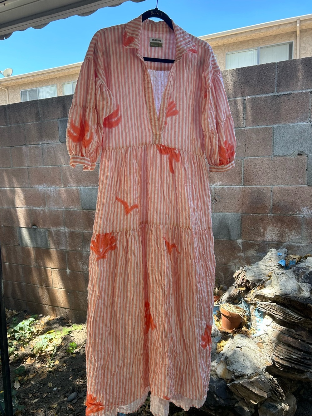 Celandine Anthropologie Dress Peach Striped Floral Flowy Cotton Maxi Sz XS